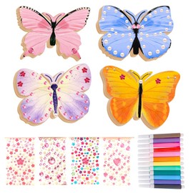 XLZJYIJ 56 Pieces Craft Sets for Children, Wooden Butterfly for Crafts with Watercolour Pen & Gemstone Stickers, Butterfly Craft Set for Girls Boys DIY Craft School Nursery