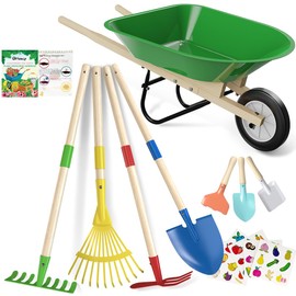 Qtioucp Kids Wheelbarrow Set with Gardening Tools Outdoor Backyard Garden Play for Toddlers Boys Girls 3-8, with Shovel, Rake, Leaf Rake, Easter Birthday Gifts (Green Garden Set)