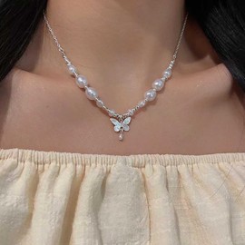 Cybche Butterfly Pearl Necklace Choker Silver Butterfly Pendant Necklace Pearl Butterfly Choker Necklace Small Butterfly Drop Necklace White Baroque Pearl Necklace Jewellery, Zinc, No Gemstone