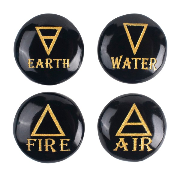 Crocon 4 Elements Black Tourmalinetones Round Shape Engraved Triangle Symbols (Earth Air Fire Water) Polished Palm Stones for Gemstone Reiki Crystals Healing