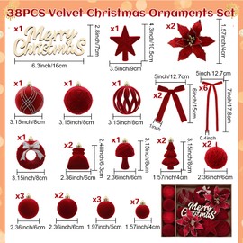 38 PCS Velvet Christmas Tree Ornaments Sets - Burgundy Red Christmas Tree Decor Assortment Includes Various Flocked Balls, Velvet Bows, Sparkling Flowers, Star Toppers, Wooden Xmas Sign Craft, Hooks