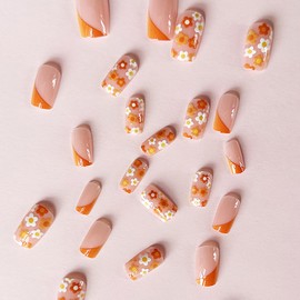 Vezocim Flower Artificial Glossy Fake Nails Sets, Press on Nails Coffin Short Length, Acrylic Fingernails Square False Nails with Orange Floral Designs, Full Cover False Nails Glue on Nails with Charm