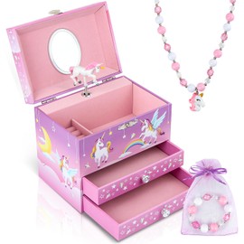 Anyiner Musical Jewellery Box for Girls - Rainbow Unicorn Music Box with 2 Pullout Drawers, Kids Jewellery Box Unicorn Gifts for Girls, Children Jewellery Box Birthday Presents for Ages 3-10