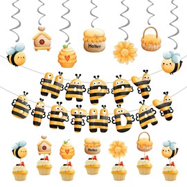 UgyDuky Bee Happy Birthday Banner, Bumble Bee Party Decorations, Bee Cupcake Toppers, Bee Hanging Swirls, Bee Birthday Party Decoration for Girls Boys, Bee Themed Birthday Decorations for Spring Party