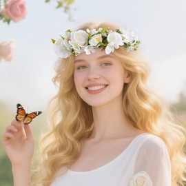 KorViSHOW White Flower Crown Headband, Adjustable Bridal Boho Floral Headpiece, Fairy Woodland Rose Flower Headbands for Women Girls Maternity Birthday Wedding Festival Party Hair Accessory