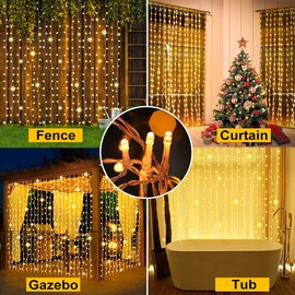 Whywhife Upgraded Solar Curtain Lights Outdoor Garden Fairy String Lights 300 LED 8 Modes Remote Control Waterproof Solar Waterfall Lights for Gazebo Patio Party Festival Wedding Christmas Decorations(Warm)