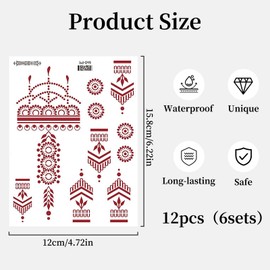 DOINEUFL 12 Sheets Temporary Tattoo Sticker, Waterproof Temporary Tattoo Kits, Indian Mandala Flower Tattoos Sticker for Women Girls (Reddish Brown)