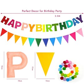 3D Happy Birthday Banner for Boys and Girls, Set of 3, Felt Garland, Pom Pom Garland, Triangle Flag, Reusable Birthday Decorations Birthday HAPPY BIRTHDAY (Rainbow)