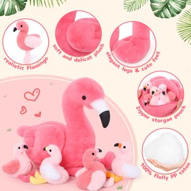 MorisMos 45 cm Sitting Plush Flamingo with 4 Babies in Belly, Pink Cute Cuddly Flamingo Plush Toy, Soft Toy, Decorative Cushion, Birthday Theme Party, Christmas Gift