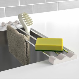 Tomorotec Estante de cocina ajustable sobre el fregadero para paños de cocina, esponjas, botellas y cepillos, acero inoxidable resistente al calor con diseño delgado y expandible y soporte de silicona