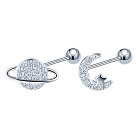 MICSAVI Asymmetric Earrings Silver 925 Star Moon Planet Stud Earrings Hypoallergenic with Zirconia Stone Small Cartilage Conch Piercing Stud Earrings for Women Teen Girls, Sterling Silver Cubic