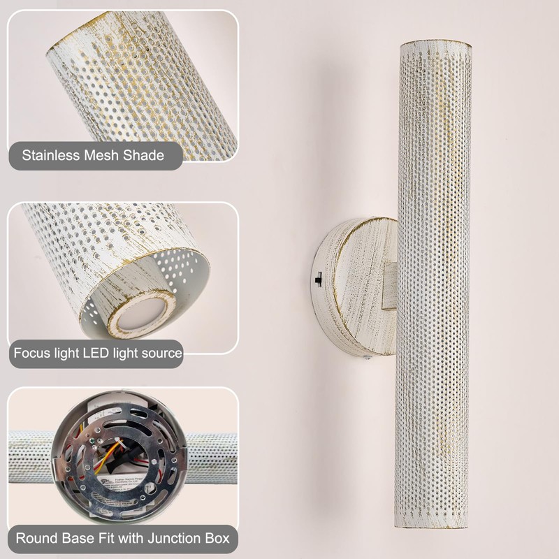 Hardwired Vintage Wall Sconce Set of Two, 3CCT Dimmable White