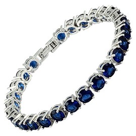 RIZILIA Round Cut Simulated Blue Sapphire CZ 18K Gold Plated Tennis Bracelet, 7"