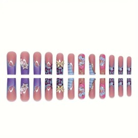 Press on Nails Long Square Fake Blue French Tip Glue with 3D Flower and Butterfly Designs Acrylic False Glossy Full Cover Stick for Women Manicure 24 Pcs (Blue-19, style-19)