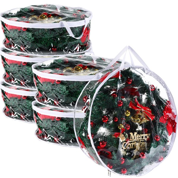 6 Pieces Clear Christmas Wreath Storage Container 24 Inches Xmas Wreath Storage Bag Plastic Christmas Garland Container with Dual Zippers and Reinforced Handles for Xmas Seasonal Wreath (Clear)