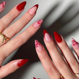 24Pcs Valentine's Day Press on Nails Medium Almond French Tip Fake Nails Red Glossy Full Cover Artificial Glue on Nails with Red Lips False Nails Nude Stick on Nails Valentines Nail Supplies for Women