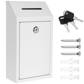 Metal Donation Box Collection Safe Suggestion Box with Lock Wall Mounted Mailbox Delivery Ballot Case Key Drop Case for Home Office Outdoor Door, 10.24 x 5.71 x 2.95 Inch (White)