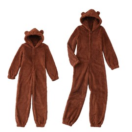 Geagodelia Mom & Kids Family Matching Pyjamas Fluffy Fleece Pjs Onesie One-Piece Hooded Jumpsuit Nightwear for Women Ladies Girls Boys (Brown, M (Women))