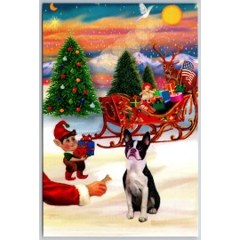 Cafe Press Boston Terrier Dog Sanda Milkbone Elf Sleigh USA Flag Moon postcard Modern 4x6"