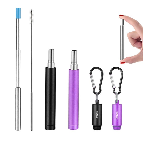 2 Pack Reusable Metal Straws Collapsible Stainless Steel Drinking Straw Travel Portable Telescopic Straw with Case,2 Cleaning Brushes Included Black/Purple