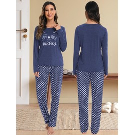 Vlazom Pyjamas Set for Women, Soft Cotton Two Pieces Print Pjs Sets Long Sleeve Patterned Tops and Dot Pants Sleepwear with Pockets,E-Navy Blue,XXL