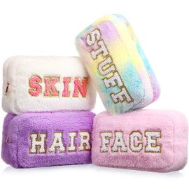 Paterr 4 Pieces Chenille Letter Preppy Patches Makeup Bag Plush Fuzzy Makeup Bag Cosmetic Bag Hair Skin Face Toiletry Bag Stuff Pouch with Zipper Valentine's Day Gifts for Women(Fancy Color)