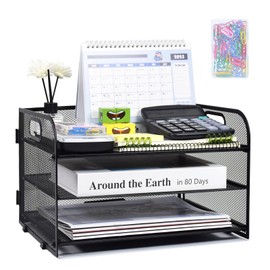 SAYEEC 3 Tier Paper Organizer Letter Tray with Handle Black Mesh Desk File Organizer with 1 Sliding Tray and 160 Paperclips Metal File Folder Holder Document Mail Paper Sorter for Office Home School