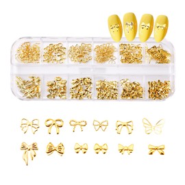 3D Nail Pendant with Bow, 12 Styles Golden Nail Pendants with Bow Nail Decorations with Bow Alloy Nail Jewelry with Bow for Women Girls (1 Box, Random Quantity)