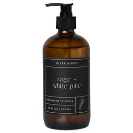 River Birch Sage + White Pine Scented Natural Hand Soap - Handmade Soap - Moisturizing Hand Wash with Amber Glass Dispenser - Luxury Scented and Hydrating - Vegan and Non-Toxic - 16 Fl Oz