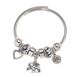 Elegant Cable Elephant Bangle Bracelet Zinc Alloy Tree of Life Heart Jewelry Beads Charms for Women Silver Plated Accessories Gifts (Blue) (Black)