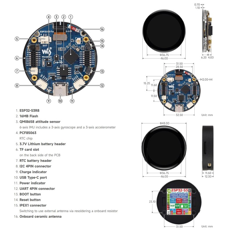 Waveshare ESP32-S3 1.43 inch AMOLED Display Development Board, 466 x