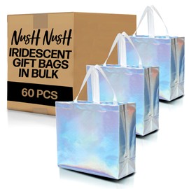 Nush Nush Set of 60 Reusable Iridescent Gift Bags With White Handles, Large Size, Perfect As Goodie/Birthday/Bachelorette Gift Bags, Party Favor Bags – 13Wx5Dx11H Size