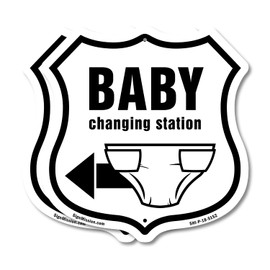 Baby Changing Station Left Arrow (2 Pack) 18 inch X 18 inch Shield Shaped Commercial Grade Plastic Signs Weather Resistant Made in the USA