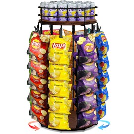 Usluole Chip Rack Display Stand, 5 Tiers 40 Clips Snack Organizer with Fence, 360°Rotating Wooden Base Chip Bag Holder Candy Display for Concession Stand Countertop, Party, Retail, Home Office, Brown