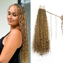 Boho Crochet Braids Human Hair Mixed 18 Inch Goddess Crochet Boho Box Braids with Human Hair Mixed Curls Light Brown Color Bohemian Braids Crochet Hair for Black Women Human Hair(18Inch #27)