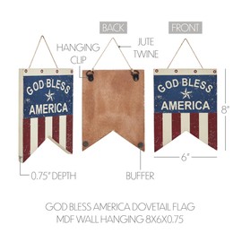 VHC Brands Patriotic God Bless America Dovetail Flag MDF Wall Hanging 8x6, Independence Day Decor, Decorative Sign, Rustic Farmhouse Fourth of July Decorations, Light Tan, Patriot Blue, Merlot Red