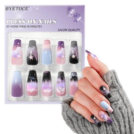 French Press on Nails Long Coffin Fake Nails Blue Purple Gradient False Nails with Cloud Stars Designs Glossy Acrylic Nails Full Cover Glue on Nails Artificial Nails Manicure Kit for Women
