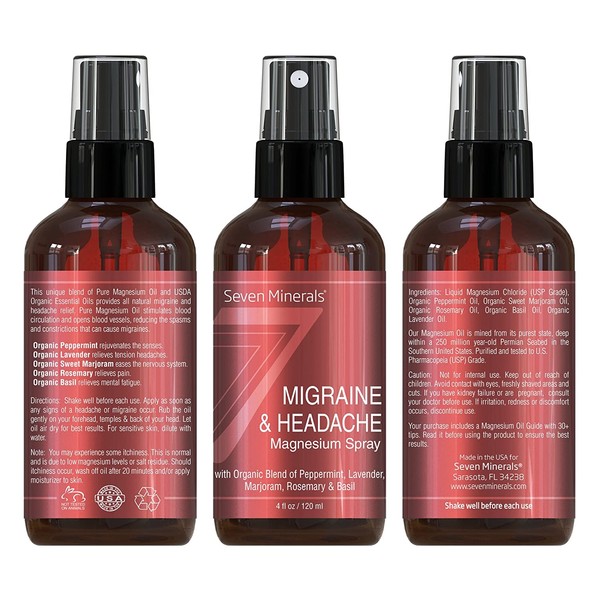Natural Migraine Relief Spray - Powerful Magnesium Oil Blend with Essential Oils (Lavender, Sweet Marjoram, Peppermint, Rosemary, and Basil) for Headache Relief - Made in USA - Free Trigger Tracker In