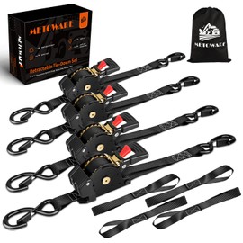 METOWARE Retractable Ratchet Straps (4-Pack) - 1" x 10' (1500lb Break Strength) - Heavy Duty Auto Self Retracting Tie Down Straps for Truck, Trailer, Cargo Van, Motorcycle - Black
