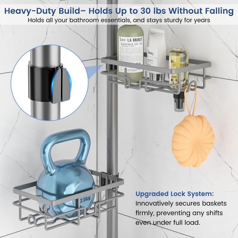 Corner Shower Caddy Organizer Tension Pole, Adjustable 6 Shower Shelves