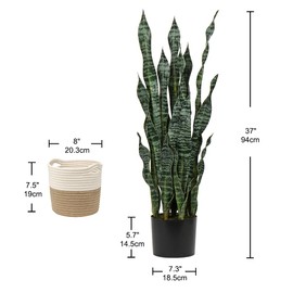 2 Set Large Fake Snake Plant Black Coral 37 Inch Sansevieria Plant Artificial Snake Plants in Pots with Woven Basket Faux Mother In Law Tongue Plant - 30 Leaves for Indoor Outdoor Home Office Decor