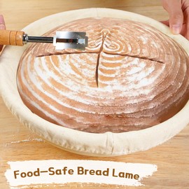 Bread Proofing Basket Kit, 9 In Round Sourdough Proofing Basket with Linen Liner, Silicone Bread Sling, Bread Lame, Danish Dough Whisk, Dough Scraper Kit, Silicone Brush & Bowl Scraper