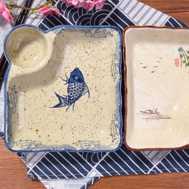 Whitenesser Sushi Plate Set of 2, Different Style Ceramic 7.4 Inch Dumpling Plates with Vinegar Dish Serving for Dumpling, Snack, and Other Food (japanese style yy)