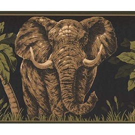 CONCORD WALLCOVERINGS ™ Wallpaper Border Animals Pattern Dark Moss Jungle Elephant Jaguar for Living Room Bedroom Trailer House, Black Green Brown Beige, 7 Inches by 15 Feet HE3539B