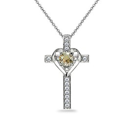 GemStar USA Sterling Silver Golden Color Heart in Cross Pendant Necklace Made with European Crystals