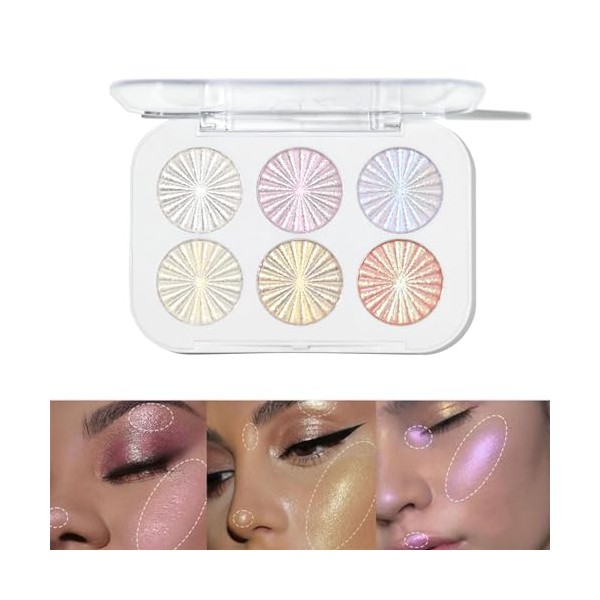 6 Color Face Cheek Highlighter Makeup Palette Shimmer Glitter Iridescent