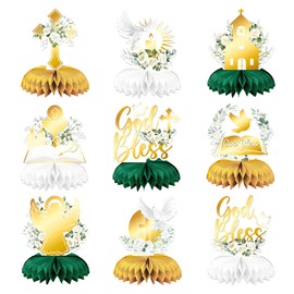 Oiuyamn Baptism Party Decorations, Flowers Baptism Honeycomb Centerpieces for Tables, Christening Table Decor, God Bless Religious Party Supplies, 9PCS