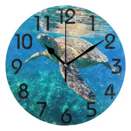 Naanle 3D Tropical Underwater Swimming Sea Turtle Print Round Wall Clock, 9.5 Inch Battery Operated Quartz Analog Quiet Desk Clock for Home,Office,School