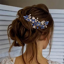 Casdre Peine de novia de cristal para el pelo, con hojas plateadas, accesorios para el pelo, para novia, fiesta de graduación, para mujeres y niñas (azul B)