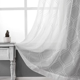 VISIONTEX 2 Pieces Moroccan Trellis Embroiderd White Sheer Curtains, Euro Style Faux Linen Rod Pocket, Voile Tulle Semi Window Treatment Drapes for Window Door and Bathroom, 54" x 72", Ivory White